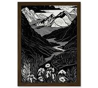Artery8 Wildflowers in Spring Mountain Landscape Linocut Artwork Framed Wall Art Print A4