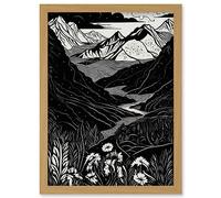 Artery8 Wildflowers in Spring Mountain Landscape Linocut Artwork Framed Wall Art Print A4