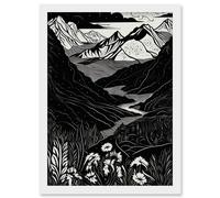 Artery8 Wildflowers in Spring Mountain Landscape Linocut Artwork Framed Wall Art Print A4 in White Artery8 White