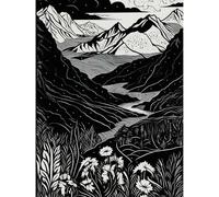 Artery8 Wildflowers in Spring Mountain Landscape Linocut Extra Large XL Wall Art Poster Print