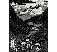 Artery8 Wildflowers in Spring Mountain Landscape Linocut Large Wall Art Poster Print Thick Paper 18X24 Inch