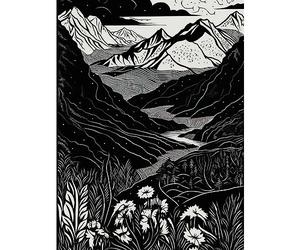 Artery8 Wildflowers in Spring Mountain Landscape Linocut Large Wall Art Poster Print Thick Paper 18X24 Inch