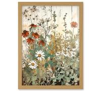 Artery8 Wildflowers Vintage Watercolour Painting Red White Daisy Flowers Spring Field Artwork Framed A3 Wall Art Print