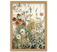 Artery8 Wildflowers Vintage Watercolour Painting Red White Daisy Flowers Spring Field Artwork Framed Wall Art Print A4