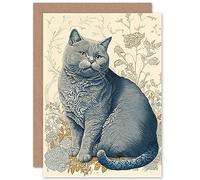 Artery8 William Morris Inspired Cat Portrait with Flowers Modern Illustration Art Birthday Sealed Greeting Card Plus Envelope Blank inside