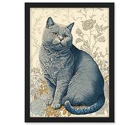 Artery8 William Morris Inspired Cat Portrait with Flowers Modern Illustration Artwork Framed A3 Wall Art Print