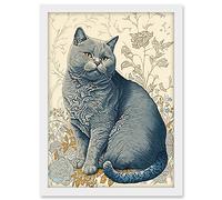 Artery8 William Morris Inspired Cat Portrait with Flowers Modern Illustration Artwork Framed A3 Wall Art Print