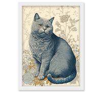 Artery8 William Morris Inspired Cat Portrait with Flowers Modern Illustration Artwork Framed Wall Art Print A4 in White Artery8 White