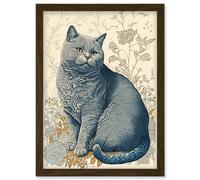 Artery8 William Morris Inspired Cat Portrait with Flowers Modern Illustration Artwork Framed Wall Art Print A4