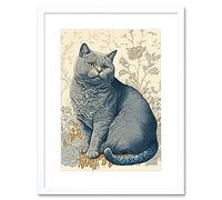 Artery8 William Morris Inspired Cat Portrait with Flowers Modern Illustration Artwork Framed Wall Art Print 12X16 Inch