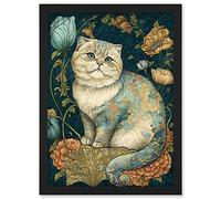 Artery8 William Morris Inspired Cute Cat with Floral Pattern Fur and Flowers Colourful Modern Illustration Artwork Framed Wall Art Print A4