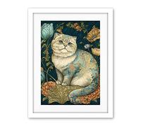 Artery8 William Morris Inspired Cute Cat with Floral Pattern Fur and Flowers Colourful Modern Illustration Artwork Framed Wall Art Print 18X24 Inch