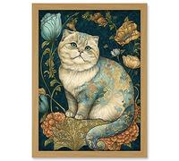 Artery8 William Morris Inspired Cute Cat with Floral Pattern Fur and Flowers Colourful Modern Illustration Artwork Framed Wall Art Print A4