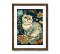 Artery8 William Morris Inspired Cute Cat with Floral Pattern Fur and Flowers Colourful Modern Illustration Artwork Framed Wall Art Print 18X24 Inch