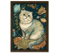 Artery8 William Morris Inspired Cute Cat with Floral Pattern Fur & Flowers Colourful Modern Illustration Artwork Framed Wall Art Print A4 in Brown Artery8 Brown