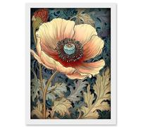 Artery8 William Morris Style Peach Anemone Flower Bloom Artwork Framed Wall Art Print A4