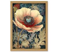 Artery8 William Morris Style Peach Anemone Flower Bloom Artwork Framed Wall Art Print A4