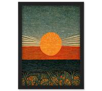 Artery8 William Morris Style Sunrise Over Sea Abstract Artwork Framed Wall Art Print A4 in Black Artery8 Black