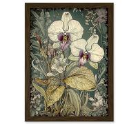 Artery8 William Morris Style White and Purple Orchid Artwork Framed Wall Art Print A4