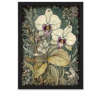 Artery8 William Morris Style White and Purple Orchid Artwork Framed Wall Art Print A4