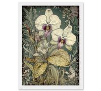 Artery8 William Morris Style White and Purple Orchid Artwork Framed Wall Art Print A4
