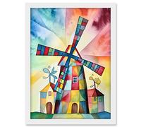 Artery8 Windmill Folk Art Abstract Bright Artwork Framed A3 Wall Art Print