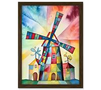 Artery8 Windmill Folk Art Abstract Bright Artwork Framed A3 Wall Art Print
