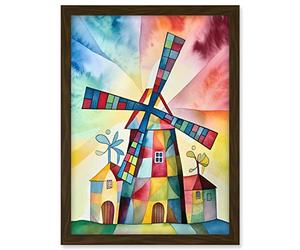 Artery8 Windmill Folk Art Abstract Bright Artwork Framed A3 Wall Art Print