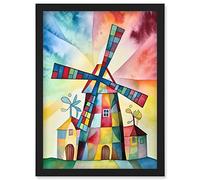 Artery8 Windmill Folk Art Abstract Bright Artwork Framed Wall Art Print A4