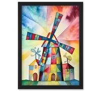 Artery8 Windmill Folk Art Abstract Bright Artwork Framed Wall Art Print A4