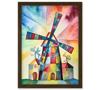 Artery8 Windmill Folk Art Abstract Bright Artwork Framed Wall Art Print A4 in Brown Artery8 Brown