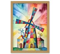 Artery8 Windmill Folk Art Abstract Bright Artwork Framed Wall Art Print A4