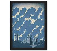 Windsor Castle with Cloudy Sky Lithograph Illustration in Blue Artwork Framed Wall Art Print A4 Artery8 Black One Size