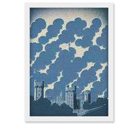 Windsor Castle with Cloudy Sky Lithograph Illustration in Blue Artwork Framed Wall Art Print A4 Artery8 White One Size