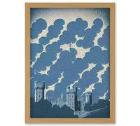 Windsor Castle with Cloudy Sky Lithograph Illustration in Blue Artwork Framed Wall Art Print A4 Artery8 Light Oak One Size