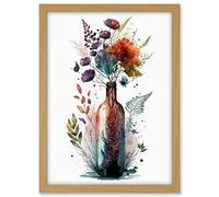 Artery8 Wine Bottle with Spring Wildflower Floral Bouquet Artwork Framed A3 Wall Art Print