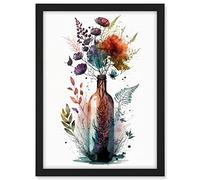Artery8 Wine Bottle with Spring Wildflower Floral Bouquet Artwork Framed A3 Wall Art Print