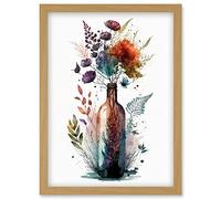 Artery8 Wine Bottle with Spring Wildflower Floral Bouquet Artwork Framed Wall Art Print A4