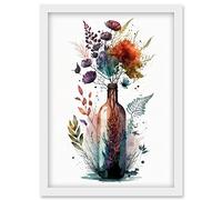 Wine Bottle with Spring Wildflower Floral Bouquet Artwork Framed Wall Art Print A4 Artery8 White One Size
