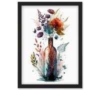 Artery8 Wine Bottle with Spring Wildflower Floral Bouquet Artwork Framed Wall Art Print A4