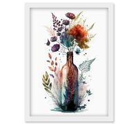 Artery8 Wine Bottle with Spring Wildflower Floral Bouquet Artwork Framed Wall Art Print A4 in White Artery8 White