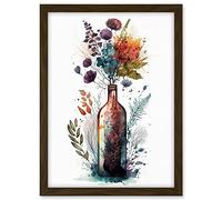 Artery8 Wine Bottle with Wildflower Floral Spring Bouquet Artwork Framed A3 Wall Art Print