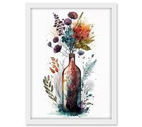 Artery8 Wine Bottle with Wildflower Floral Spring Bouquet Artwork Framed A3 Wall Art Print