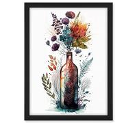 Artery8 Wine Bottle with Wildflower Floral Spring Bouquet Artwork Framed A3 Wall Art Print