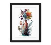 Artery8 Wine Bottle with Wildflower Floral Spring Bouquet Artwork Framed Wall Art Print 18X24 Inch