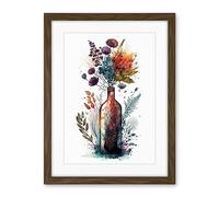 Artery8 Wine Bottle with Wildflower Floral Spring Bouquet Artwork Framed Wall Art Print 18X24 Inch