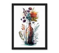 Artery8 Wine Bottle with Wildflower Floral Spring Bouquet Artwork Framed Wall Art Print 18X24 Inch