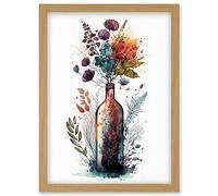 Artery8 Wine Bottle with Wildflower Floral Spring Bouquet Artwork Framed Wall Art Print A4