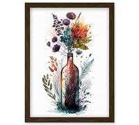 Artery8 Wine Bottle with Wildflower Floral Spring Bouquet Artwork Framed Wall Art Print A4