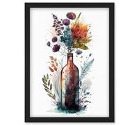 Artery8 Wine Bottle with Wildflower Floral Spring Bouquet Artwork Framed Wall Art Print A4